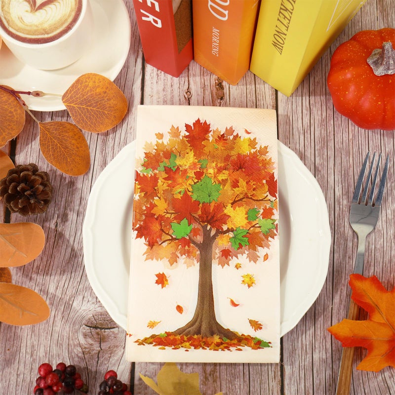 JarThenaAMCS 50 قطعة من مناديل ضيف الخريف أوراق القيقب مناديل للاستعمال مرة واحدة بألوان مائية وشجرة الخريف وحفلات العشاء ومنديل الخريف ومناشف اليد المزخرفة لمستلزمات طاولة الحمام لعيد الشكر - Image 3